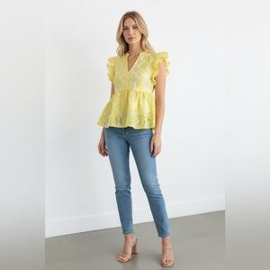 Entro Yellow Floral Jacquard Peplum Blouse Flutter Sleeves Size S
